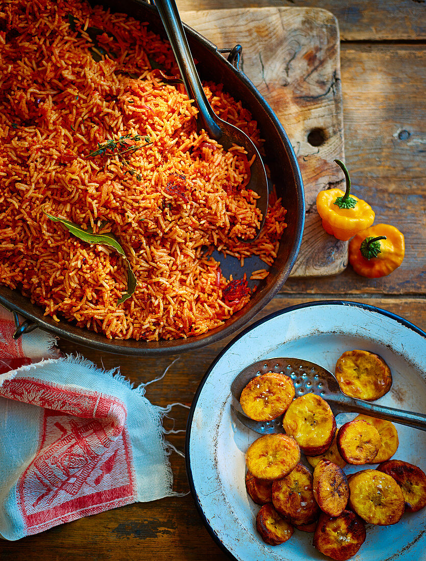 Smoky spiced Jollof rice & coconut-fried plantain