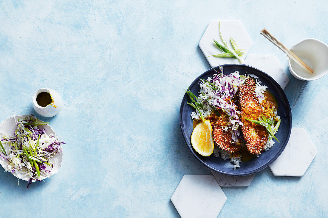 Auberginen Katsu Curry mit Krautsalat (glutenfrei, vegetarisch)