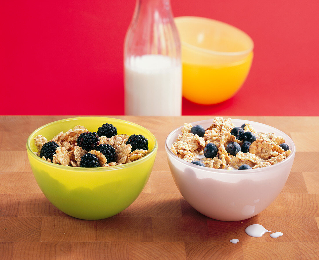 Two bowls of grains with milk, one with blackberries and one with blueberries