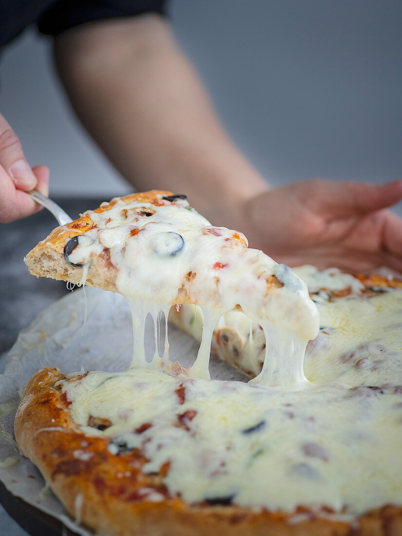 Pizza with prosciutto, mozzarella and vegetables