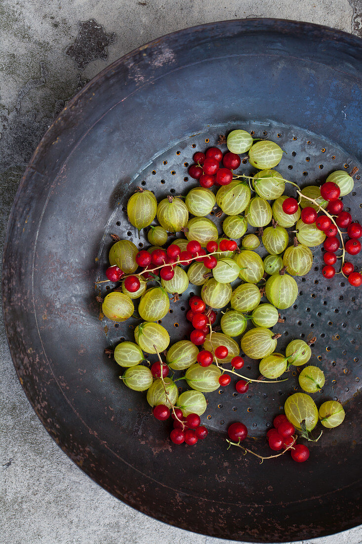 Rote Johannisbeeren und Stachelbeeren in antikem Küchensieb