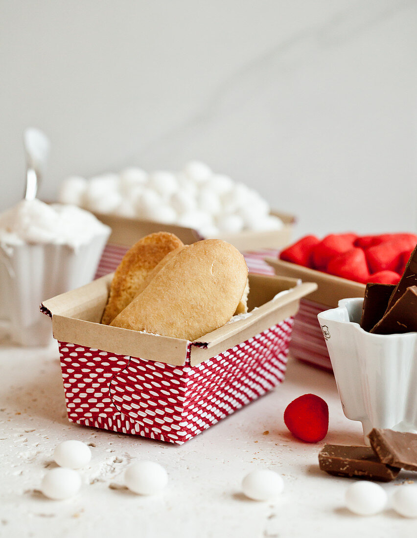 Holiday cookie baskets - with ladyfinger cookies, peppermint and marshmallow candies, marshmallow icing and chocolate