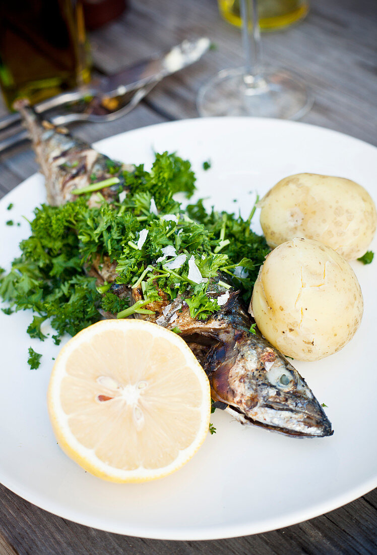 Gegrillte Makrele mit Pellkartoffeln und gehackter Petersilie