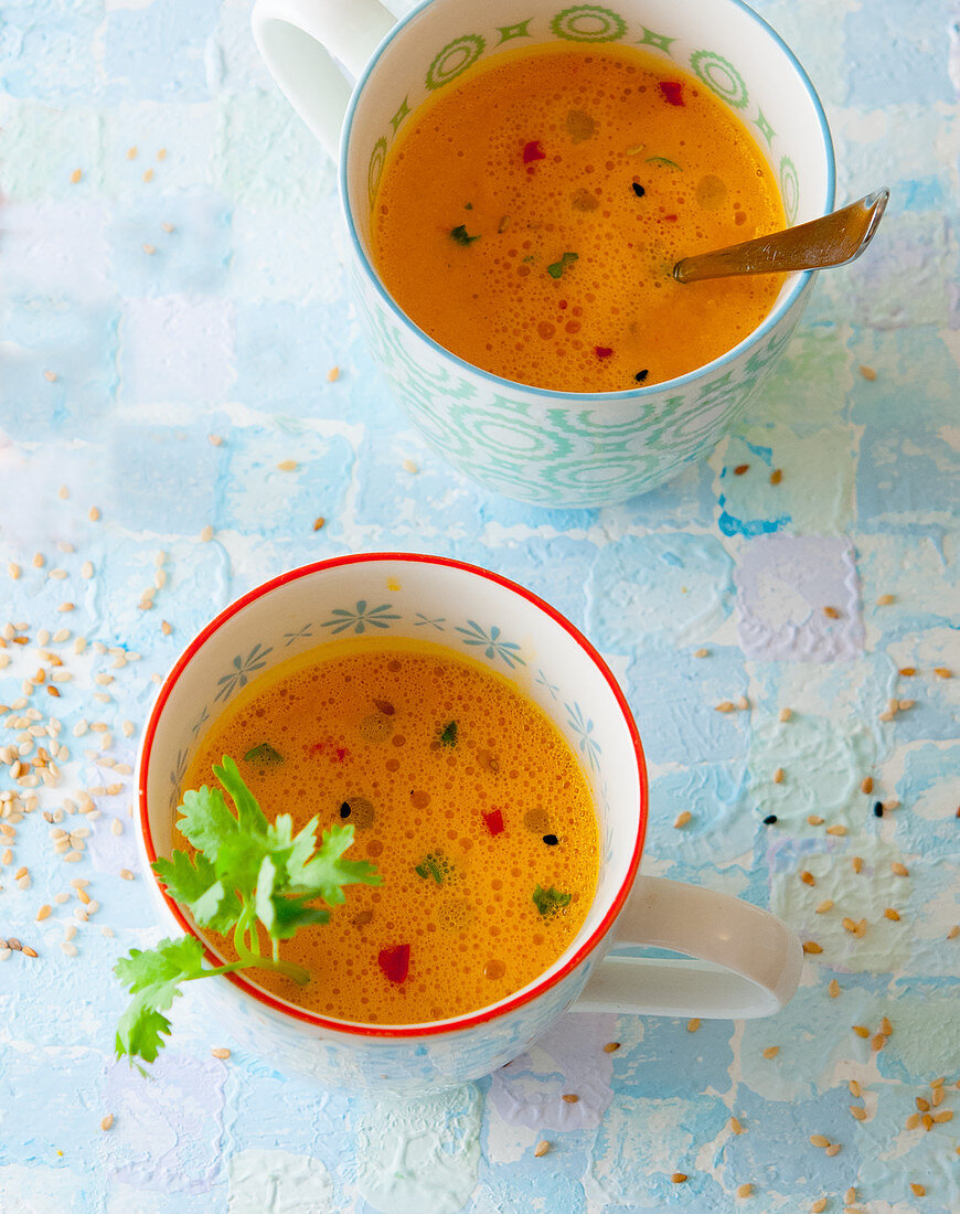 Pumpkin soup with coriander and sesame seeds