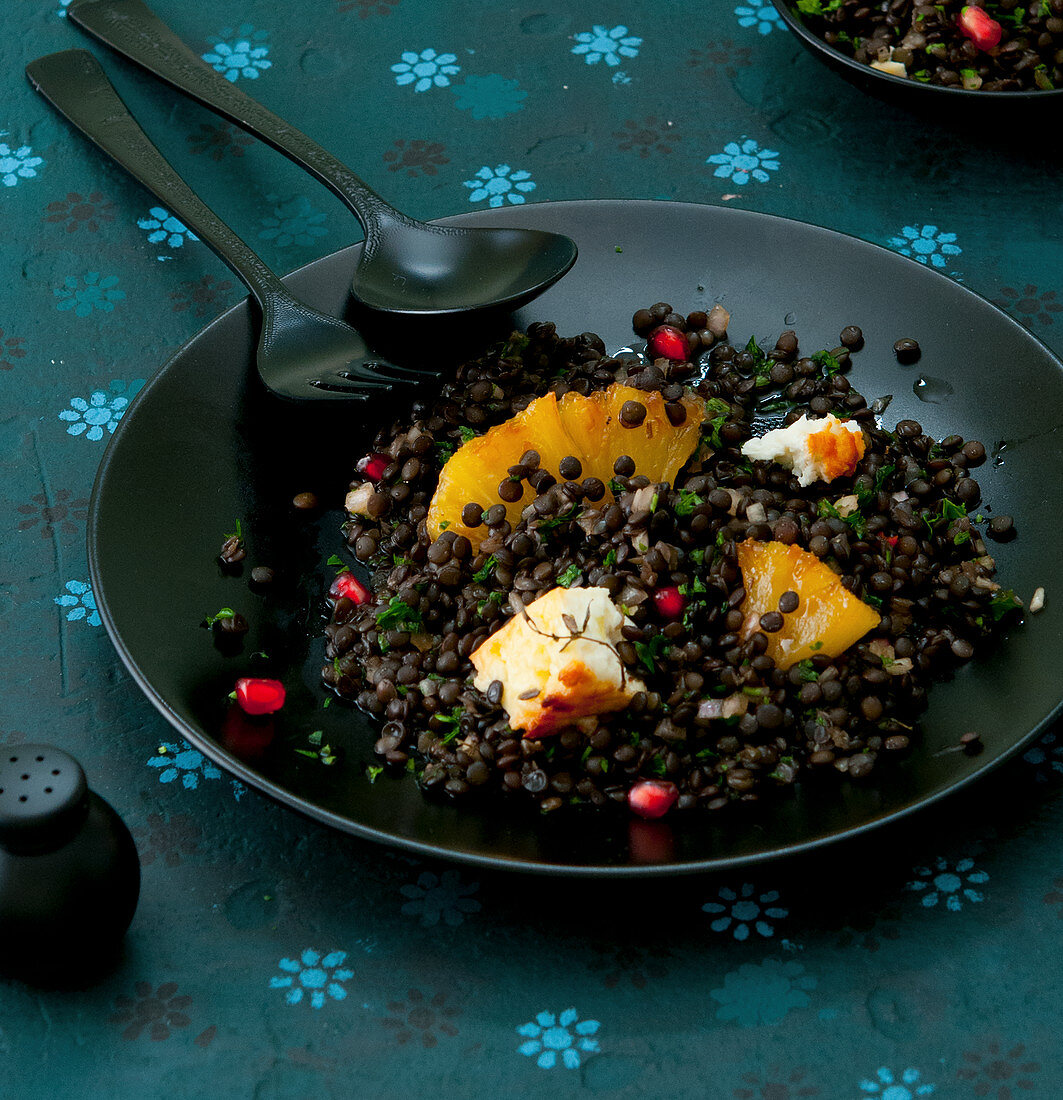 Lentil salad with fried pineapple and fried feta cheese