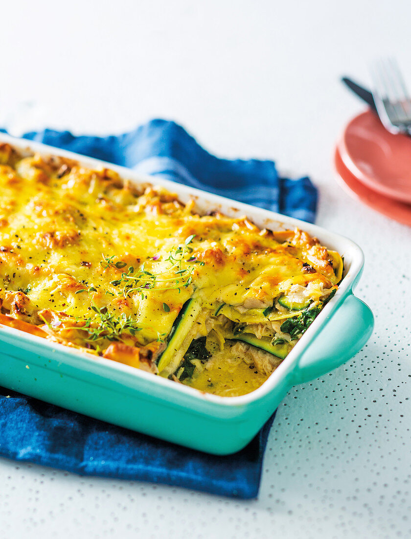 Creamy chicken lasagne with green vegetables