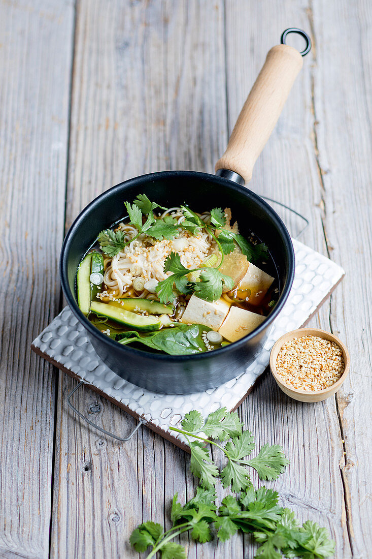 Tofu and miso soup with soba noodles