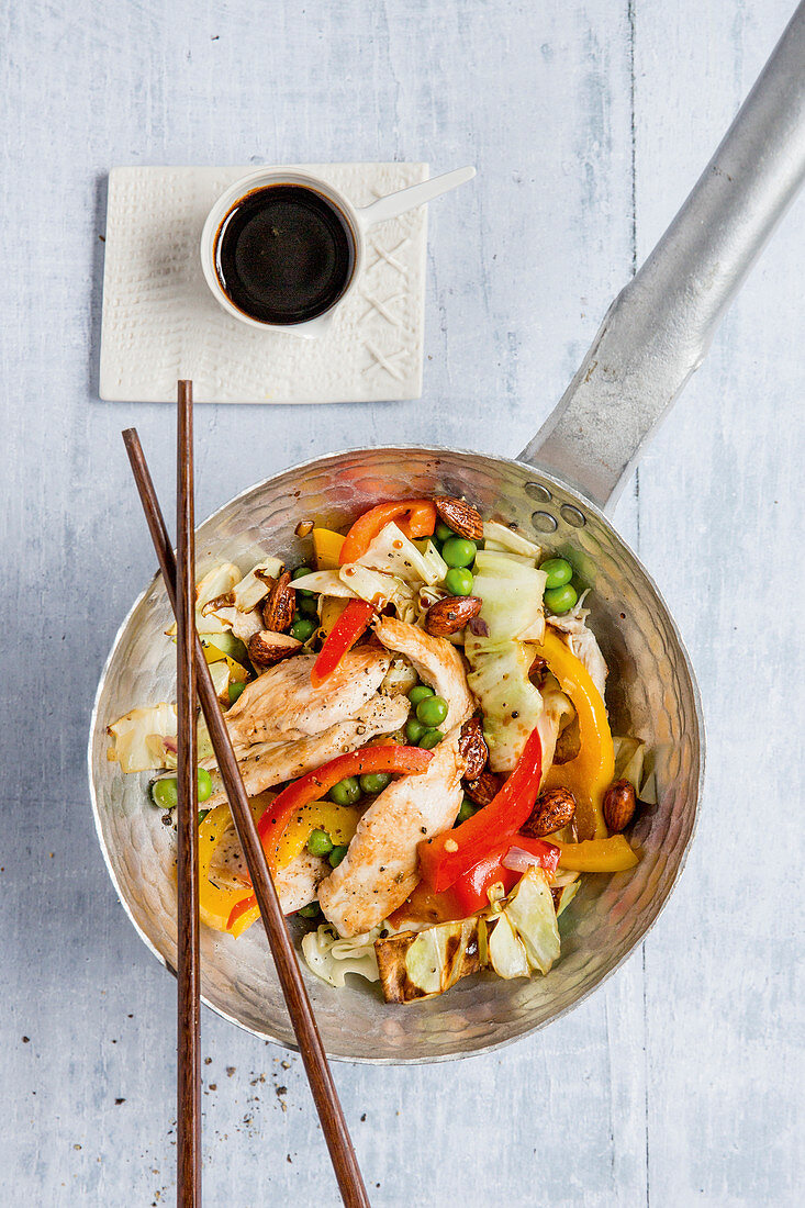 Hähnchen-Wok mit Spitzkohl und Paprika