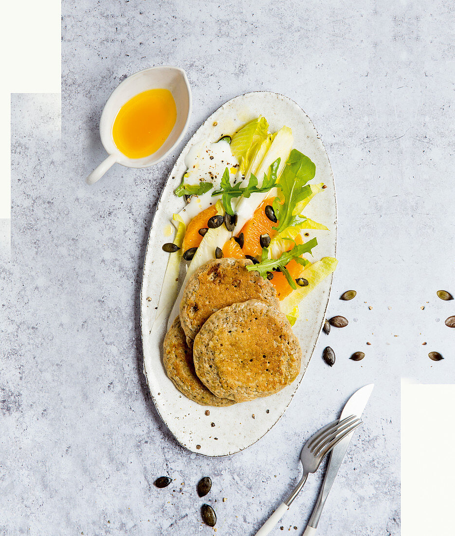 Chia pancakes with chicory and orange