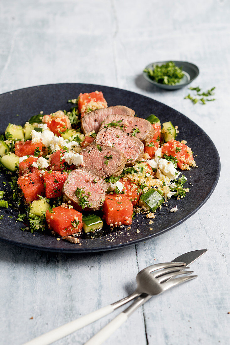 Quinoa and melon tabbouleh with lamb