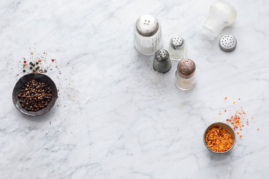 An arrangement of salt and pepper