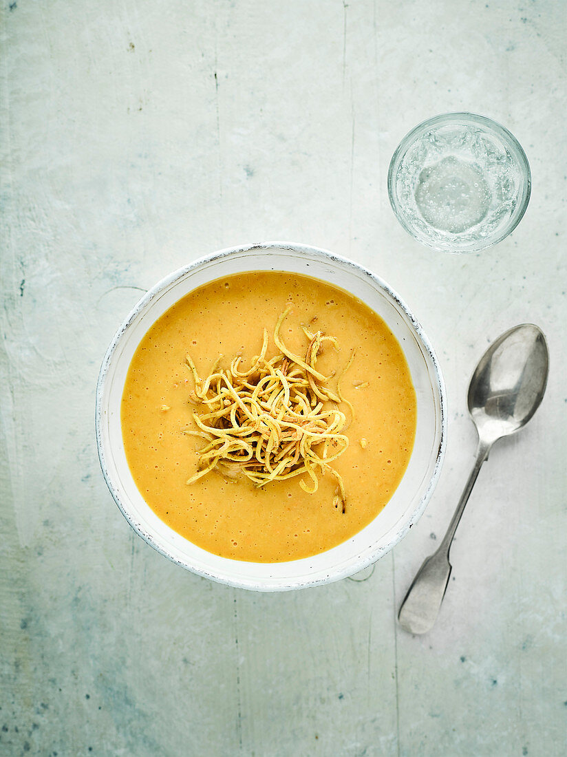Sweet potato soup with crispy noodles