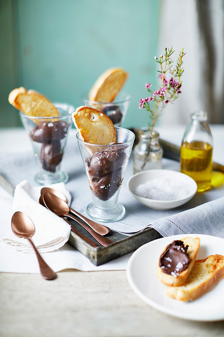 Chocolate ganache with sea salt, olive oil and toasts