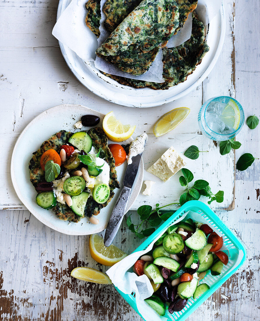Spinach Flatbreads and Greek Bean Salad