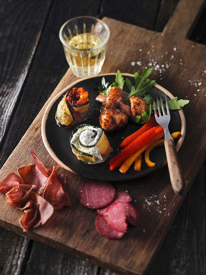 Antipasti platter with ostrich ham and ostrich salami