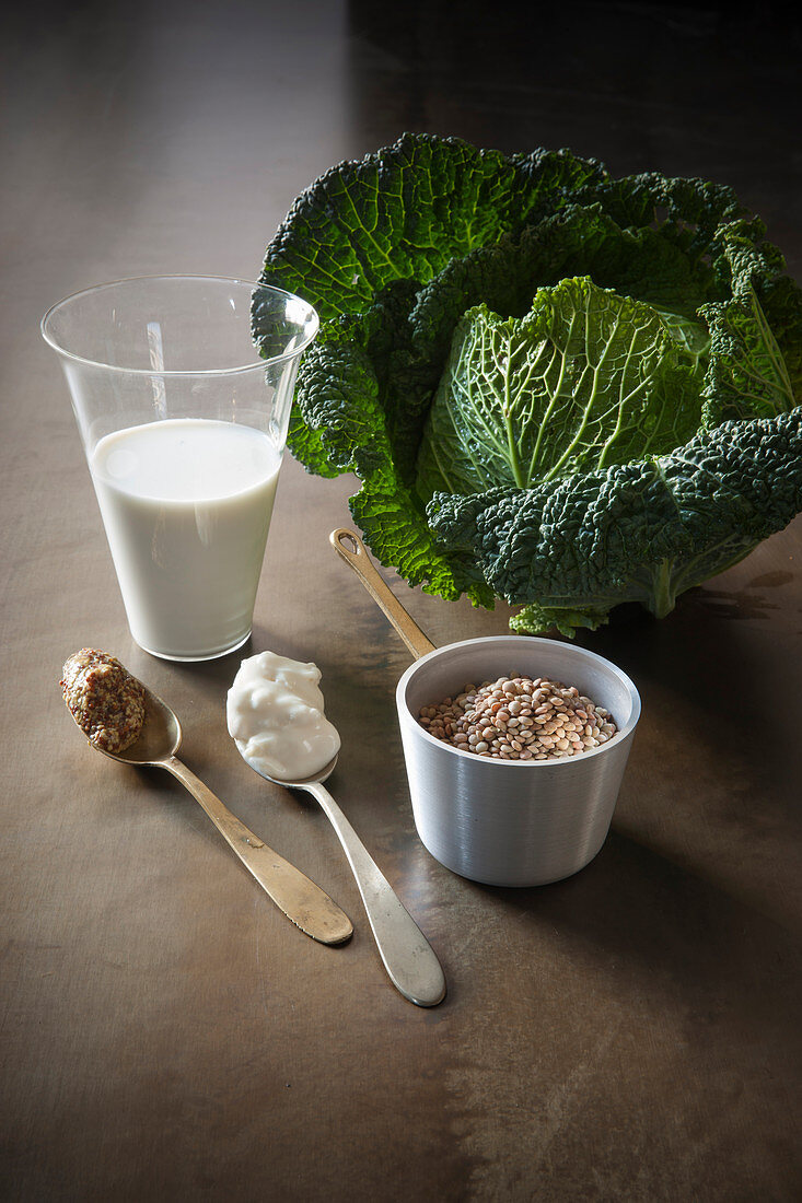 Zutaten für Wirsingrouladen (Milch, Gorgonzola, Sahne und Linsen)