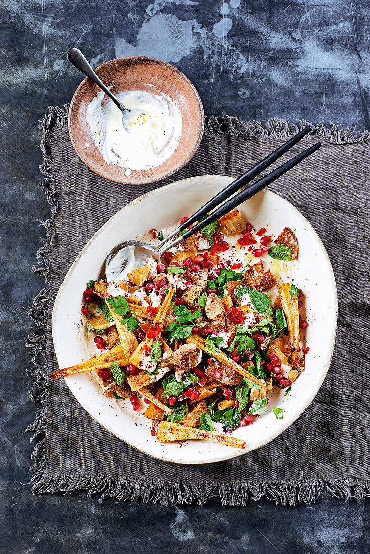 Fattoush with roasted root vegetables and yogurt