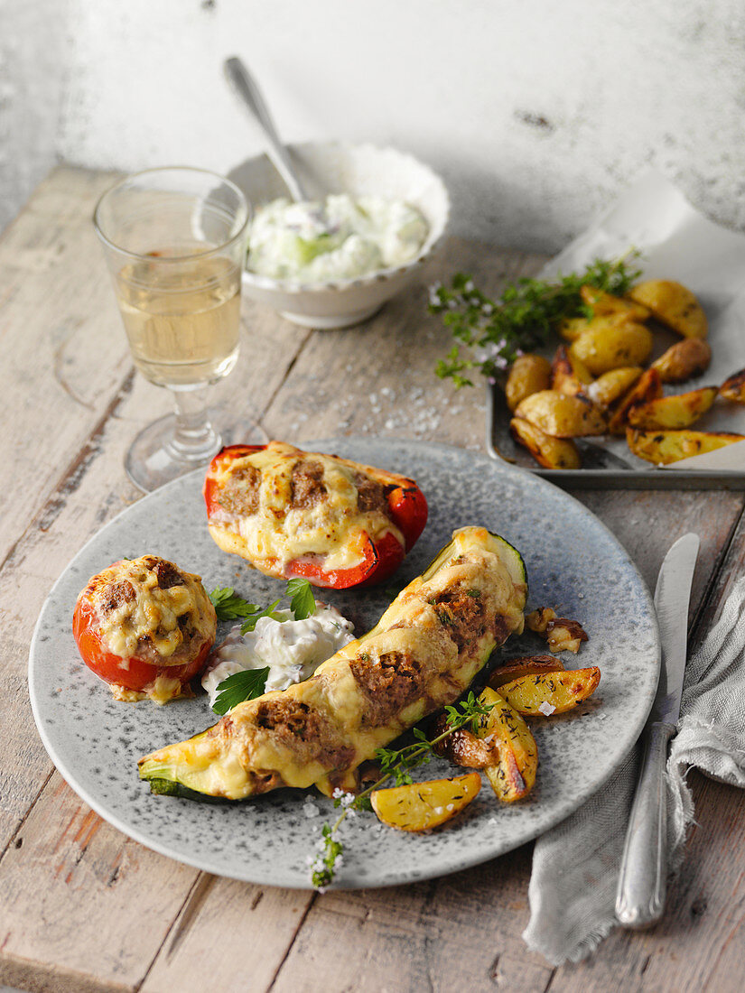 Stuffed summer vegetables with roast potatoes