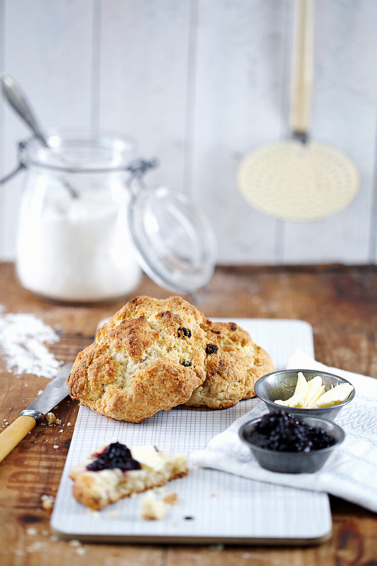 Raisin bread with butter and jam