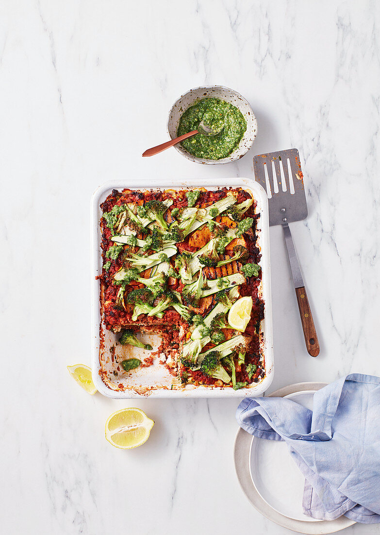 Vegetable Lasagne with lemon basil pesto