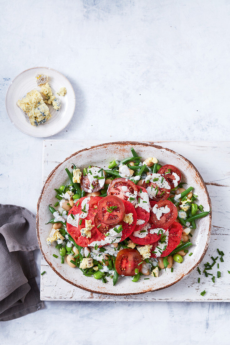 Heirloom tomato and mixed bean salad with blue cheese dressing