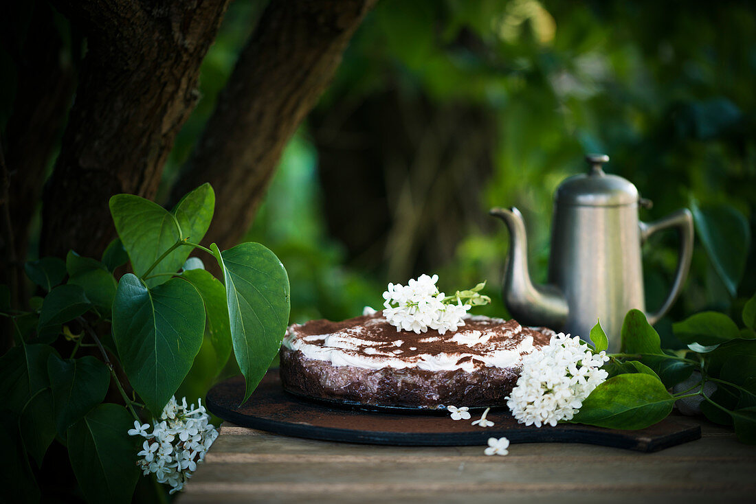 Veganer Schokoladenkuchen mit Rhabarber und Sojaschlagcreme auf Gartentisch