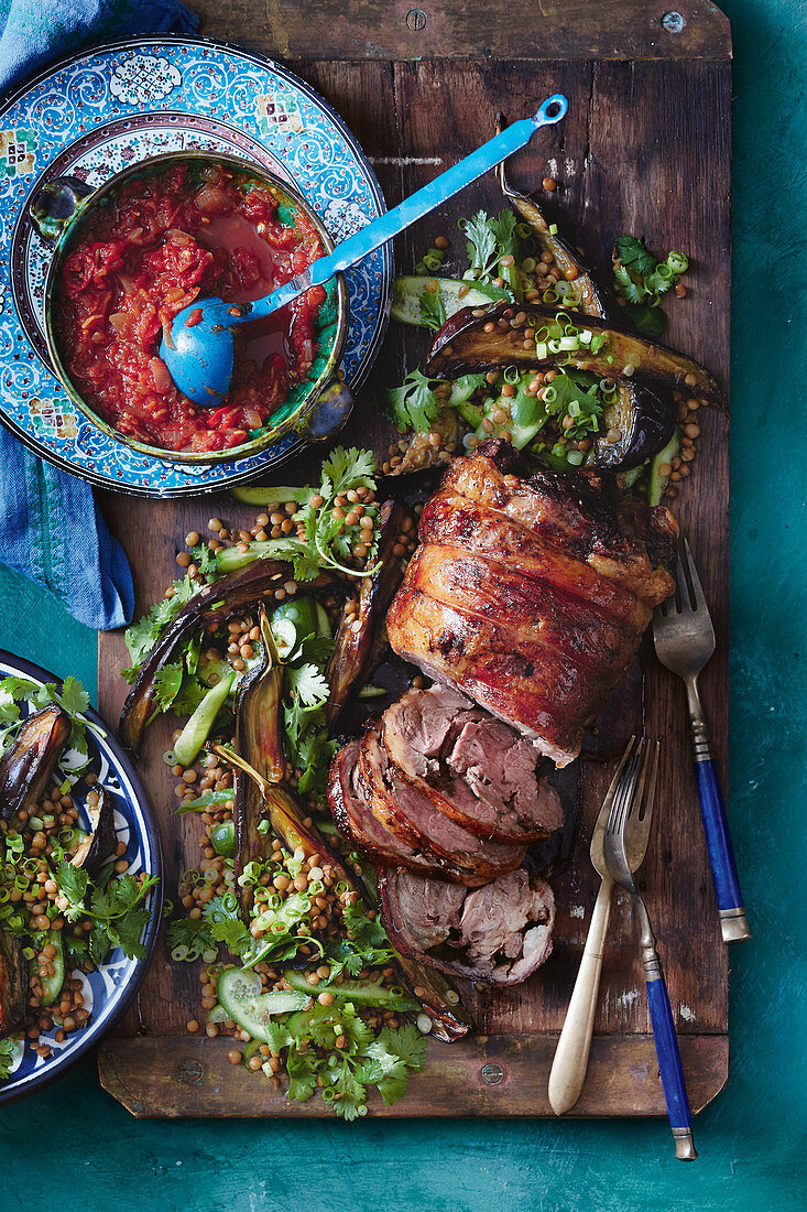 Baked lamb with lentil and eggplant salad