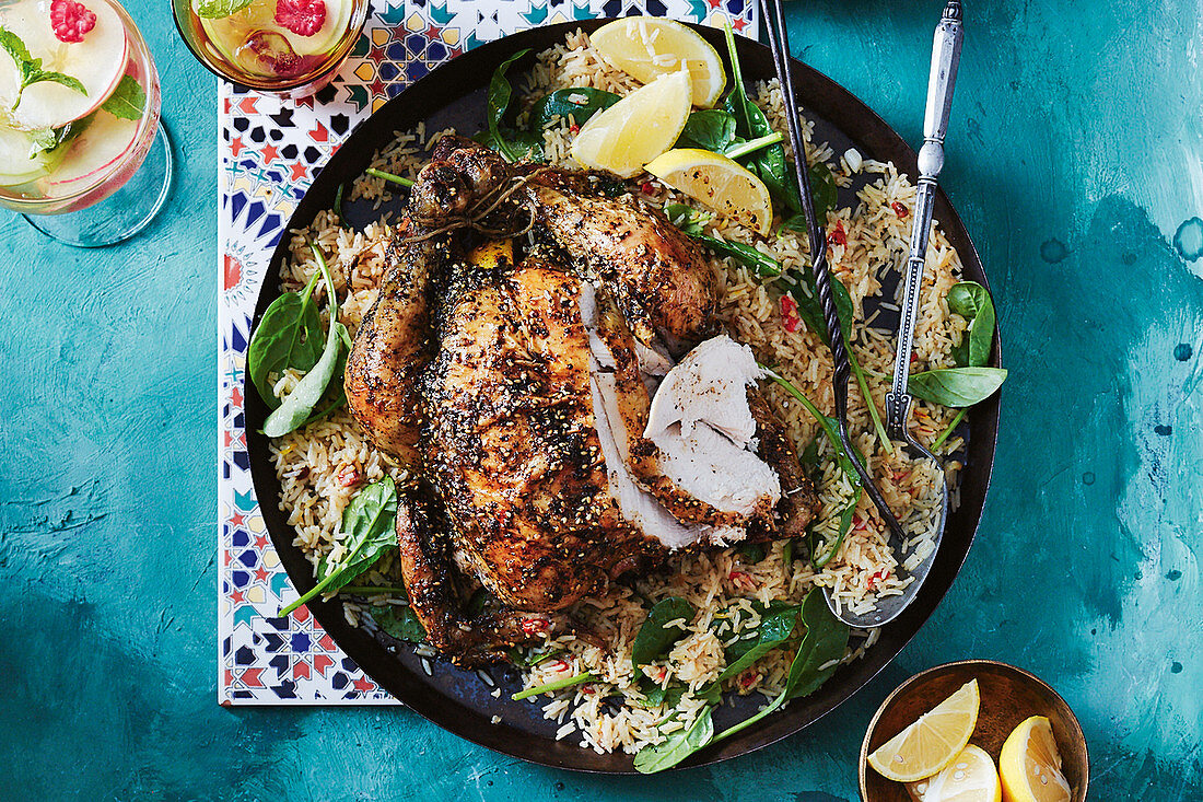 Za'atar roasted chicken with saffron spinach pilaf