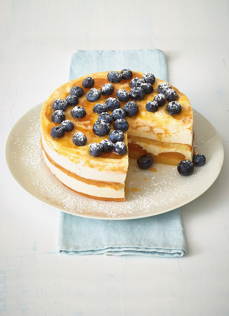 Mini quark-cream cake with apricots and blueberries