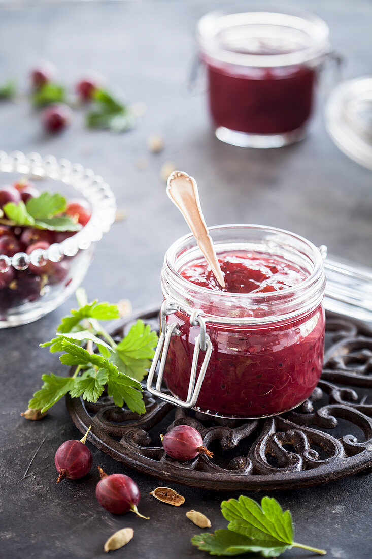 Gooseberry and rhubarb jam spiced with cardamom and vanilla