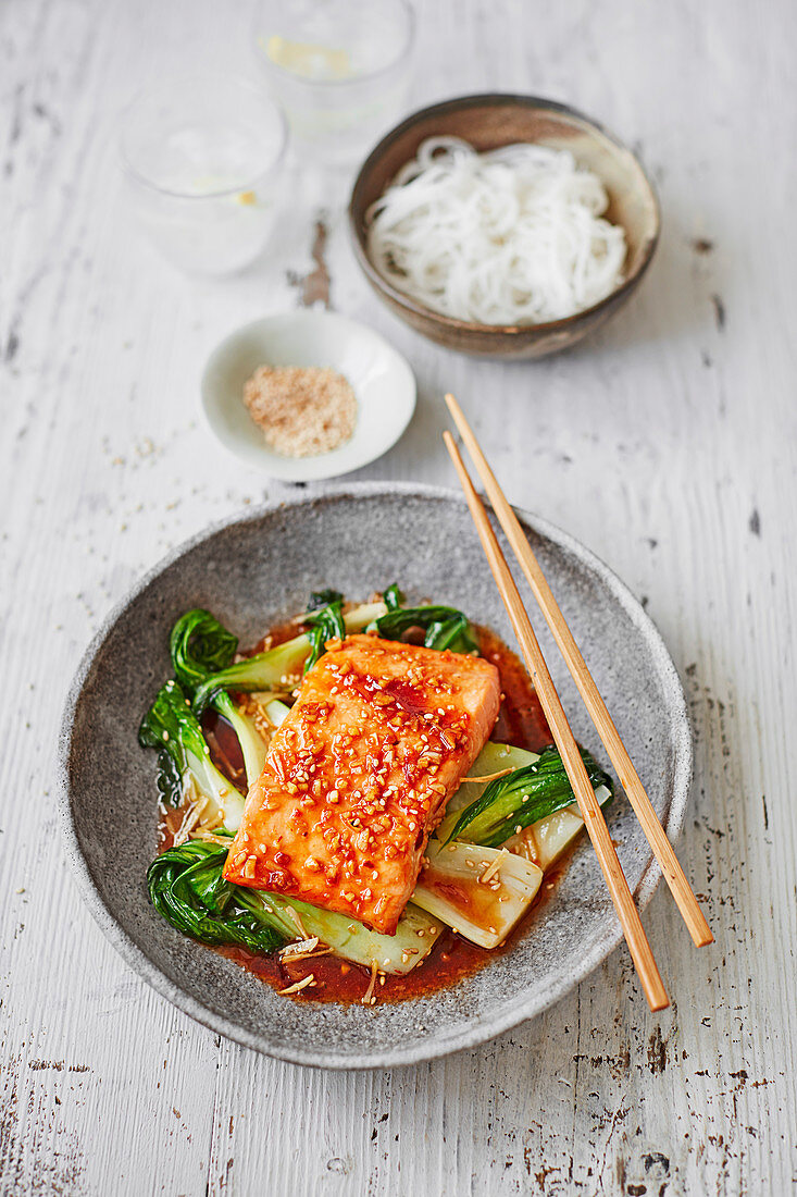 Teriyaki salmon with sesame pak choi