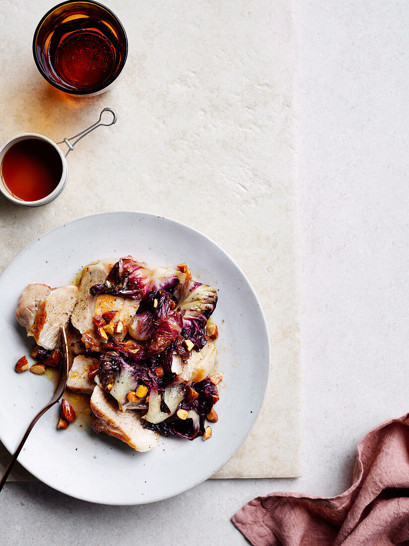 Pork loin with radicchio, almonds and sherry vinegar