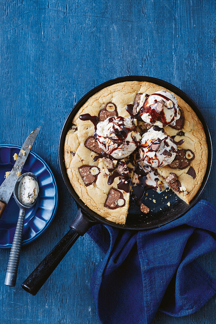 Gian frying pan cookie with cheat's baci ice-cream