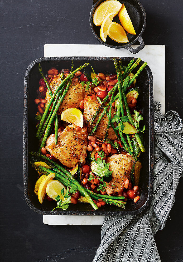 Lemon pepper chicken and bean tray bake