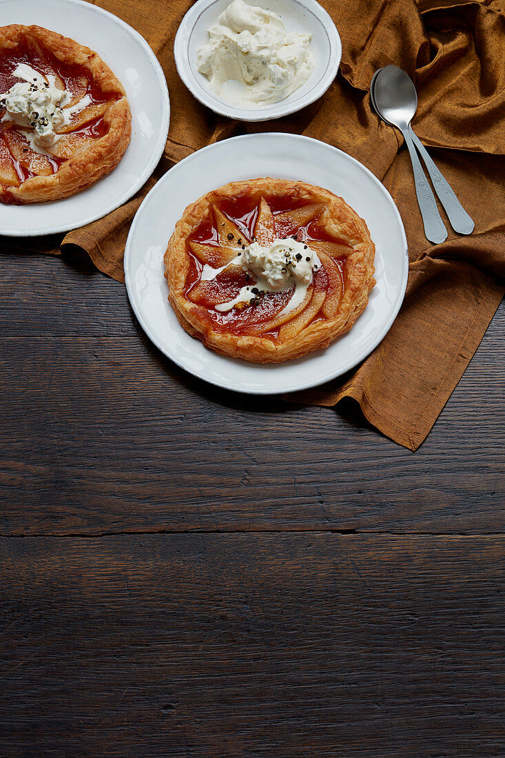 Sticky pear tarts with Roquefort cream