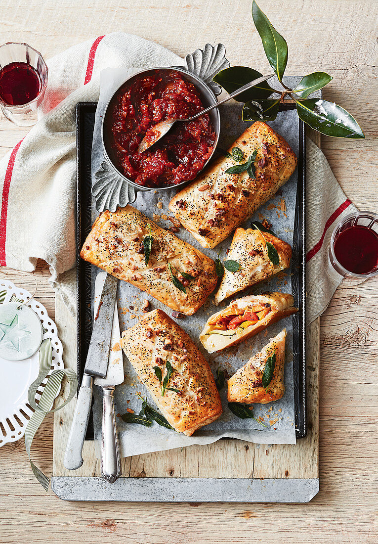 Vegeterian strudels with tomato and fig chutney