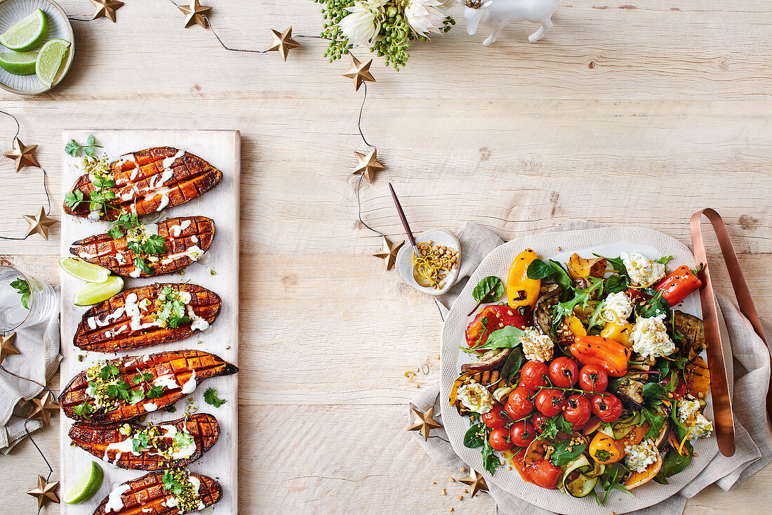 Spieced honey roasted sweet potatoes with tahini dressing, chargrilled vegetable salad with whipped basil feta