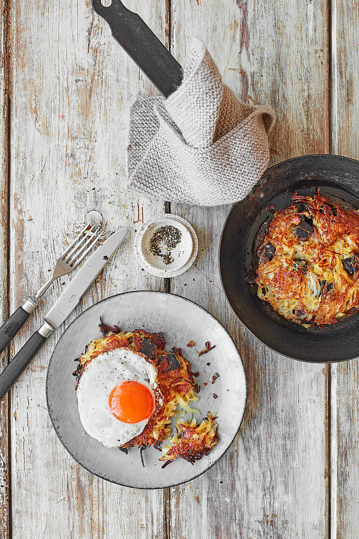 Black pudding potato cakes with fried egg