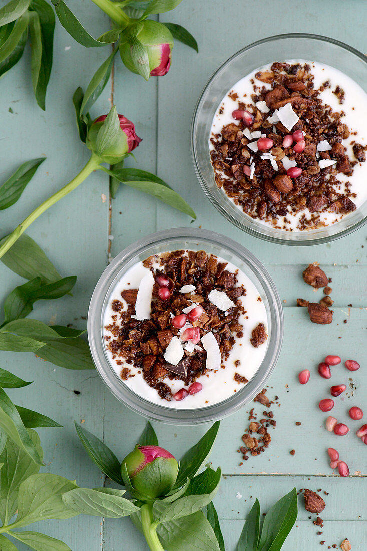 Granola with yoghurt and pomegranate seeds