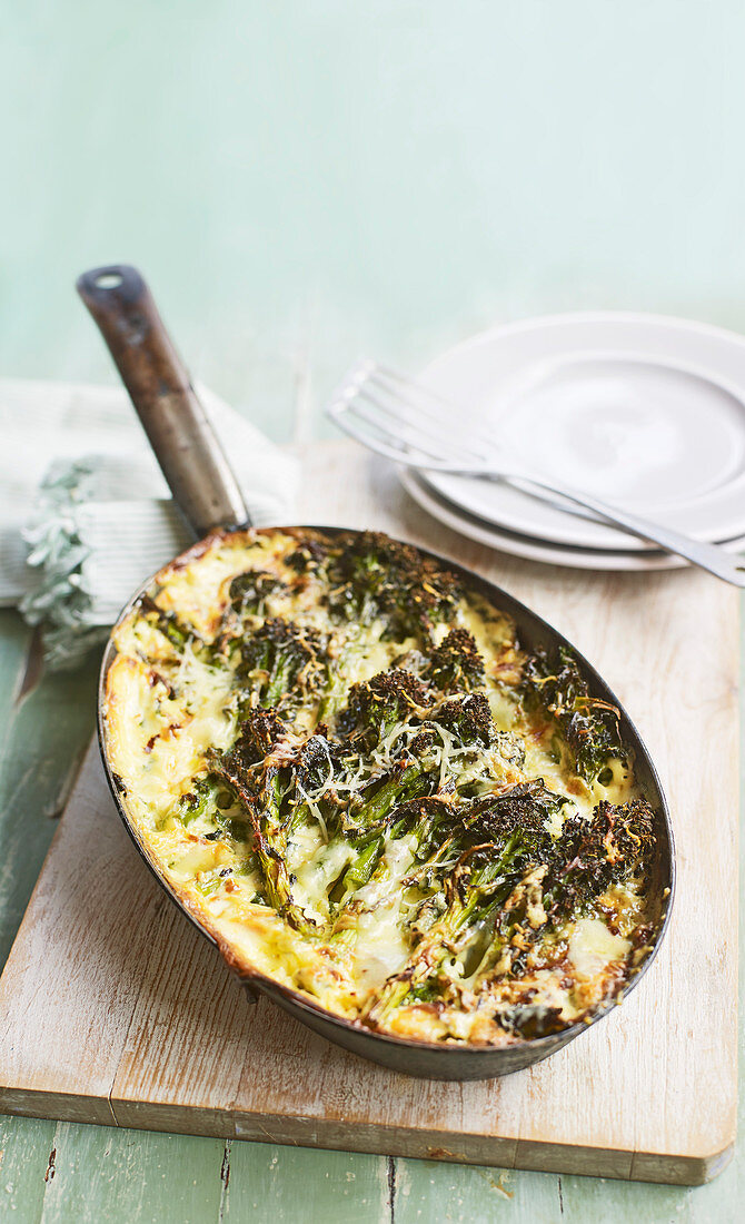 Purple sprouting broccoli and kale gratin