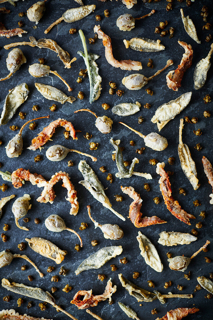 Deep-fried toppings (caper berries, sage and anchovies)