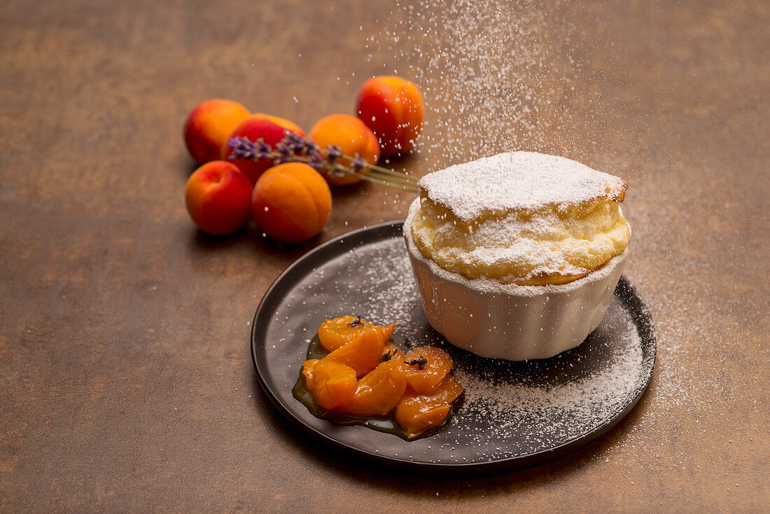 Quark souffle with roasted lavender apricots