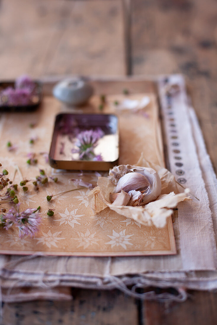 Vintage-style arrangement with garlic