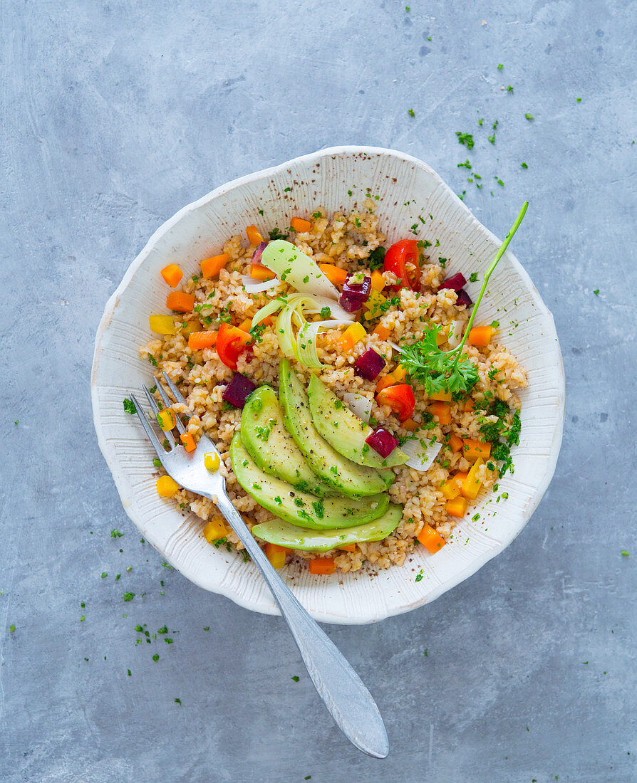Grain and vegetable salad with avocado