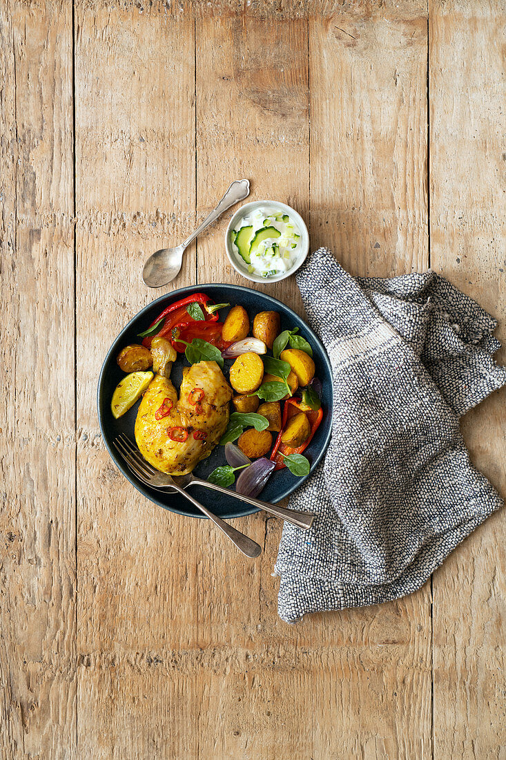 Roasted Tumeric Potatoes with Chicken and Peppers