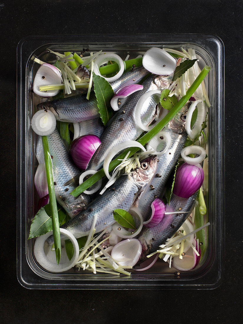 Fish and vegetables in baking tray