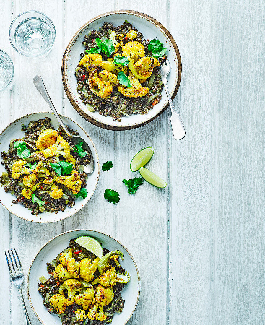 Black Puy dhal with cauliflower and coconut milk