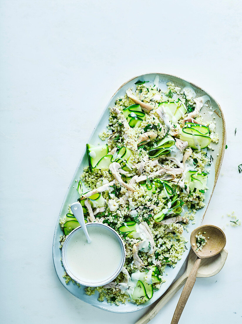 Shredded green chicken salad ith bulghar