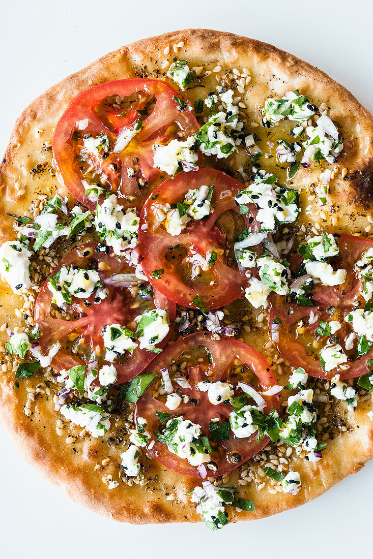 Syrian zatar-manakish with feta cheese