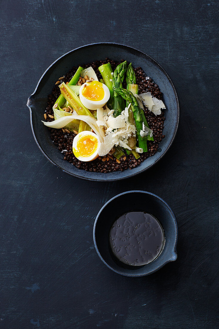 Lentil and asparagus bowl with egg
